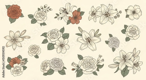Elegant floral designs featuring roses and lilies for creative decoration and art projects