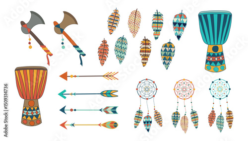 Set of bohemian tribal elements, axes tomahawks, feathers, drums, arrows, dreamcatchers isolated on white background. Ethnic decor, cultural heritage art from Native American African Indian traditions