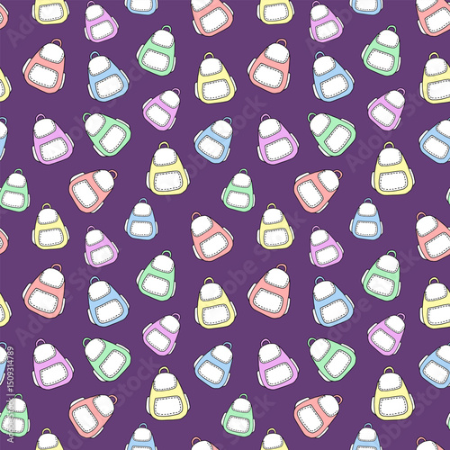 Seamless vector pattern with colorful school backpacks on purple background. Concept of back to school, kids education supplies, playful student accessory, cute hand drawn style