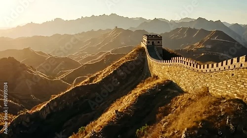 Majestic ancient wall winding through a mountainous landscape at sunrise.