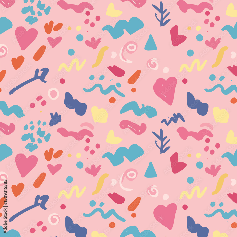 bright playful hand-drawn seamless doodle pattern with fun shapes