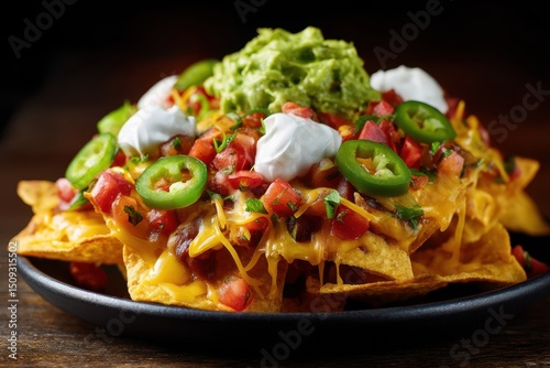 Nachos mit Käse Guacamole Jalapenos Sour Cream Tex Mex Snack Partyfood überbackene Nachos mexikanisches Essen Fingerfood würzige Chips Toppings Streetfood Foodfotografie Fastfood Genuss