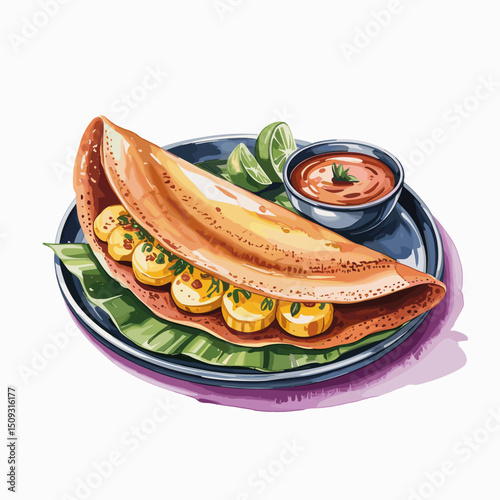 Masala Dosa with Potato Filling – Watercolor Style