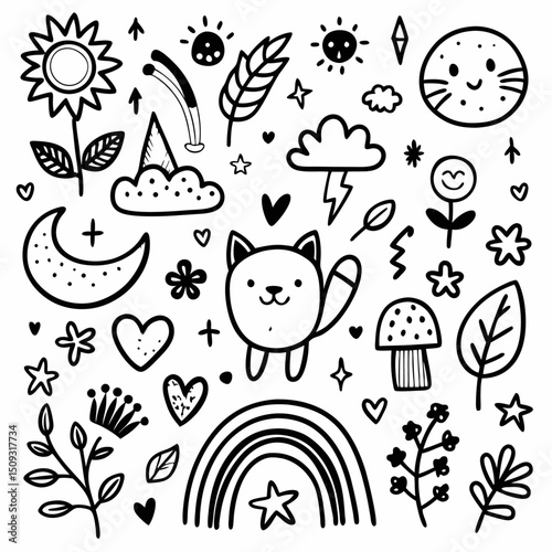Playful Line Art Doodles – Hearts, Flowers, Fox, and Dinosaur Vector
