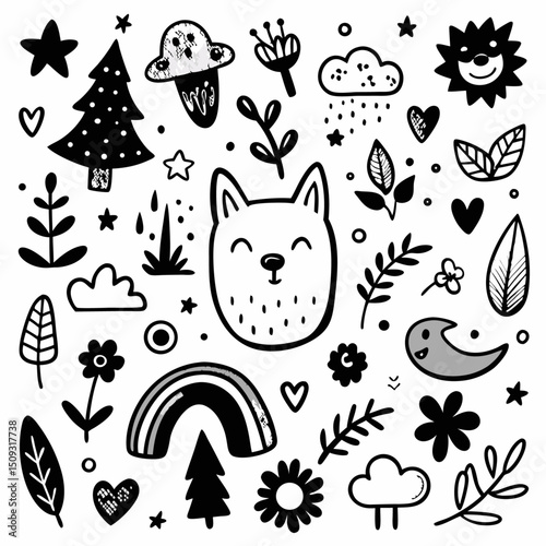 Cute Kids Doodles – Stars, Trees, Rainbows and Animal Sketches
