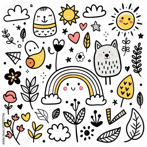 Whimsical Sketch Doodle Collection – Flowers, Stars, Animals, and More