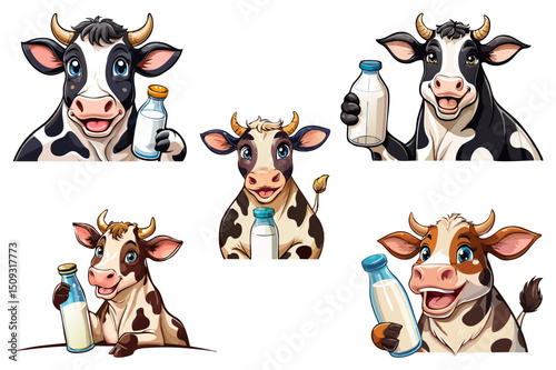 Cartoon happy cow holding a bottle of milk, Cheerful cow with a bottle of milk, Farm, cow with horns watching you curiously, Farming cattle animal, sketch for milk diary and beef products