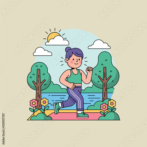 Joyful Cartoon Person Exercising Outdoors in Nature Illustration