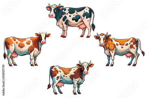 Farm, cow with horns watching you curiously - cartoon illustration, cow portrait set, Farming cattle animal, sketch for milk diary and beef products