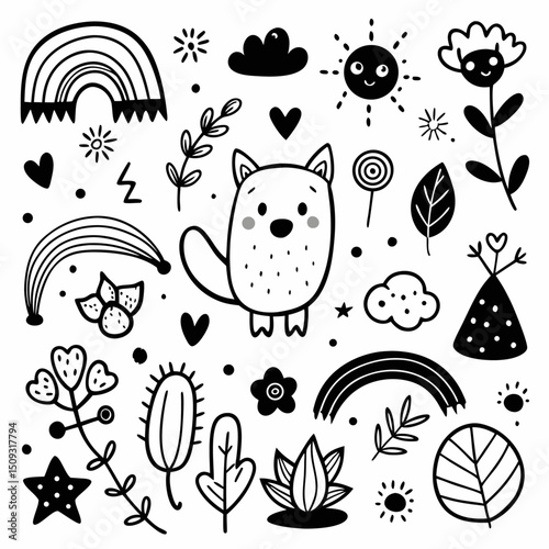 Playful Kid’s Sketch Doodles – Leaves, Animals, Suns, and Scribbles