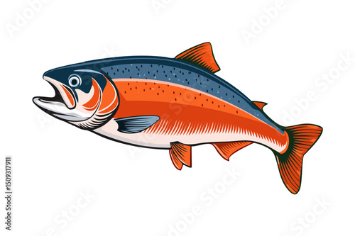 Illustration of a jumping atlantic salmon fish (Salmo salar) Leaping Salmon isolated on white background