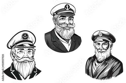 A man with a beard in a captain's uniform, The captain of the ship, sea captain in uniform and hat, old sailor, old captain, fisherman portrait black and white