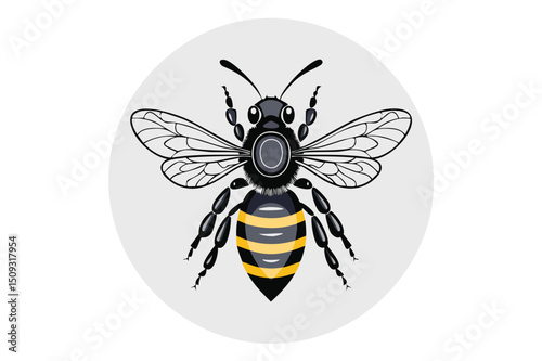 European honey bee (Apis mellifera), Flying honey bee, Beehive working insects with yellow and black stripes