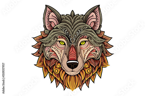 Wolf head from the front, color portrait of a wolf head on a white background, Wolf's Head