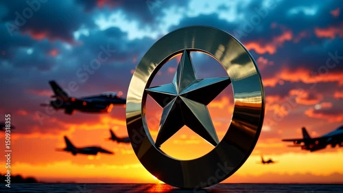 Sunset captures military planes against a backdrop of North Korean symbolism in a tense atmosphere with dramatic skies