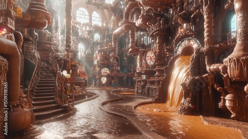 An enormous, whimsical chocolate factory with rivers of molten chocolate