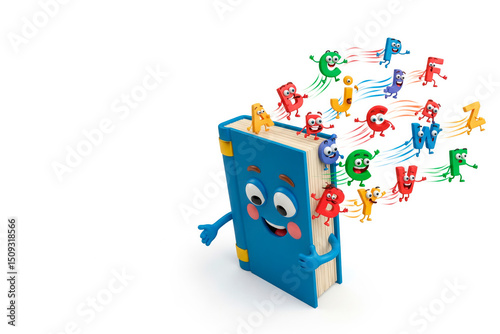 A cheerful book with the letters of the alphabet flying out. Space for text.