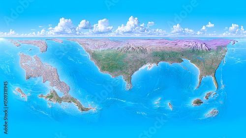 Detailed World Map Illustration Showing North America and Surrounding Oceans