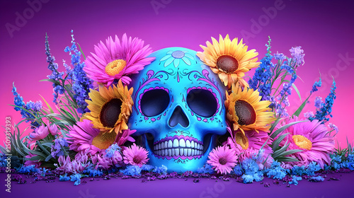Blue Sugar Skull Decorated with Pink and Yellow Flowers