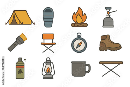 Camping essentials: tent, sleeping bag, fire, cookware, lantern, compass, gear