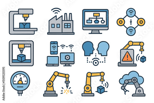 Smart factory automation icons with robots, sensors, and industrial technology
