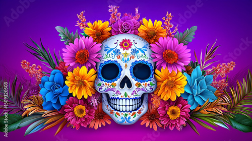 Colorful Sugar Skull Decorated with Vibrant Flowers on Purple Background