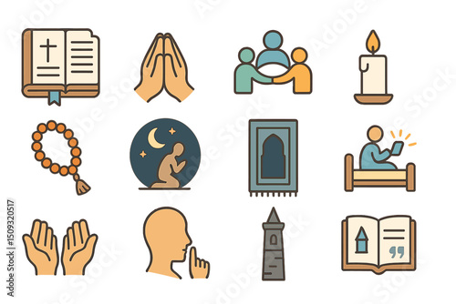 Illustrated symbols of faith and worship practices with diverse spiritual icons