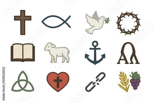 Collection of christian symbols: cross, dove, fish, crown, heart, alpha, omega