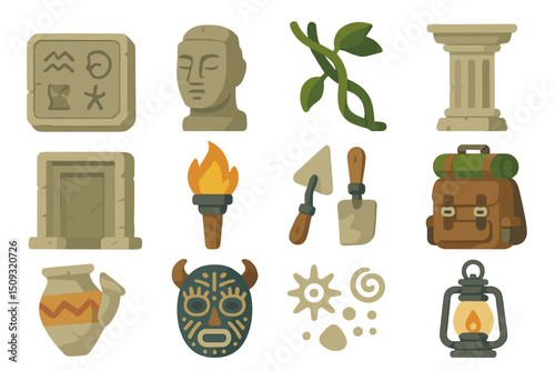 Ancient artifacts and tools icon set featuring mask, torch, sculptures