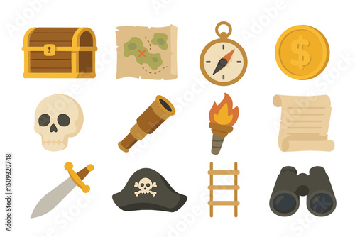 Pirate adventure icons: map, compass, treasure, skull, sword, hat, binoculars