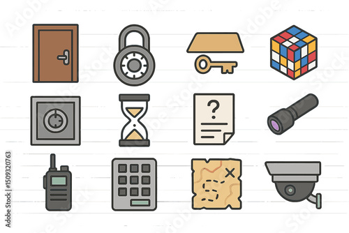 Escape room symbols: lock, key, puzzle, timer, sos, security, map
