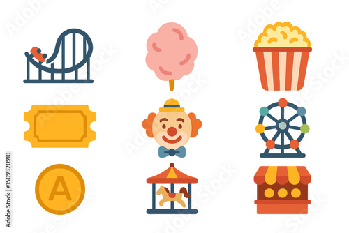 Colorful amusement park icons featuring entertainment and snacks