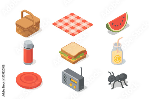 Isometric picnic icons: basket, blanket, sandwich, radio, watermelon, lemonade, frisbee, ant