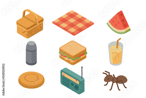Colorful picnic icons: basket, blanket, watermelon, sandwich, radio, ant