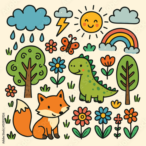 cute, cartoon, colorful, whimsical, children's illustration, hand-drawn, naive art style, fantasy, nature, flowers, rainbows, clouds, sun, animals, fox, dinosaur, birds, trees
