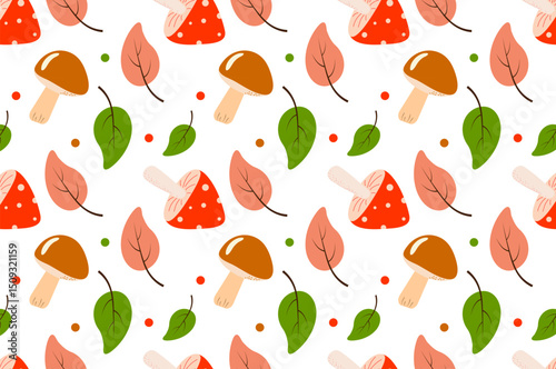 Seamless pattern with mushrooms and leaves on a white background. Autumn vector illustration
