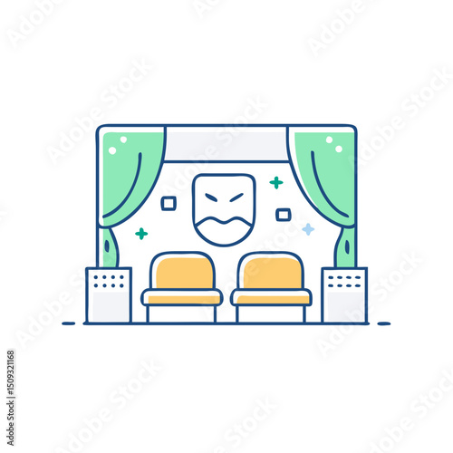 Theater stage with masks, performance or arts.