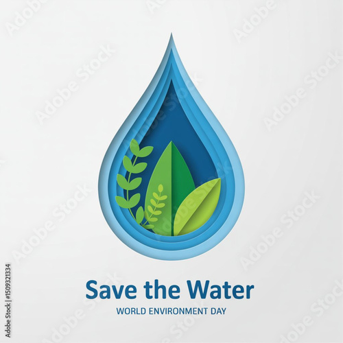 World Environment Day  abstract waterdrop concept. Save the water - ecology concept background with paper cut water drop and green leaves. vector isolated on white background. Vector illustration.