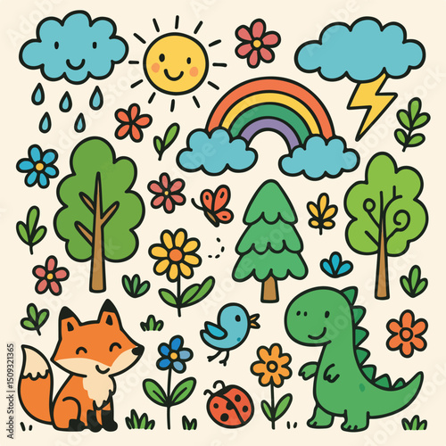 whimsical nature scene, cute animals and plants, trees and flowers, rainbow, smiling sun, rain clouds, doodle style, childlike drawing