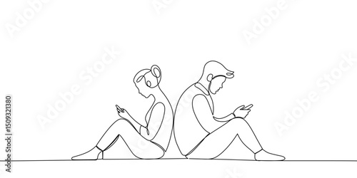 Banner continuous line man and woman sitting and communicating via smartphone, internet. Internet addiction concept. Virtual communication. Vector linear illustration, art