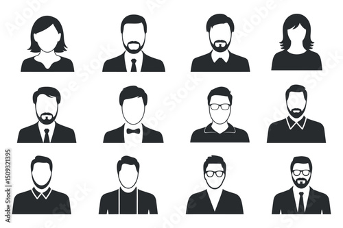 Set of Twelve Anonymous People Icons Including Men and Women in Business Attire and Casual Wear in Black and White Vector Illustration