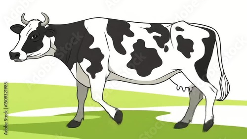 An illustration of a cow with a black and white spotted coat. It has horns, a visible udder, and is standing on all four legs with a simple, cartoon-like style.