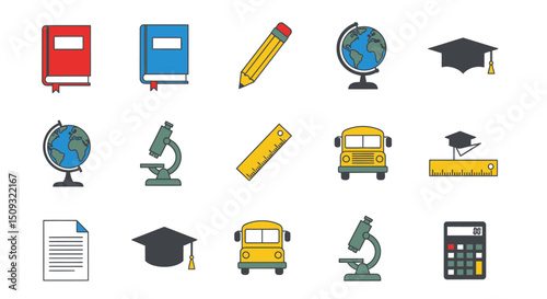 Education Icons Books, Globe, Pencil, Microscope, Graduation Cap, School Bus, Ruler, Calculator, Document