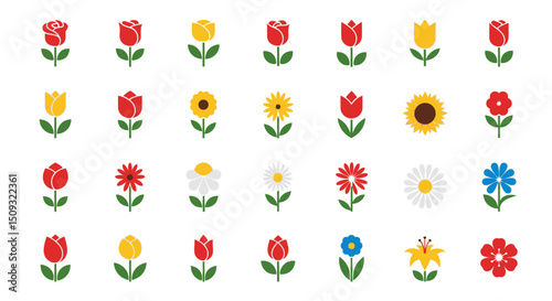 Colorful Flower Icons Tulips, Sunflowers, Daisies & More - Vector Illustrations