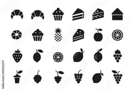 Collection of Delicious Food Icons Cakes, Fruits, and Pastries - Vector Graphics