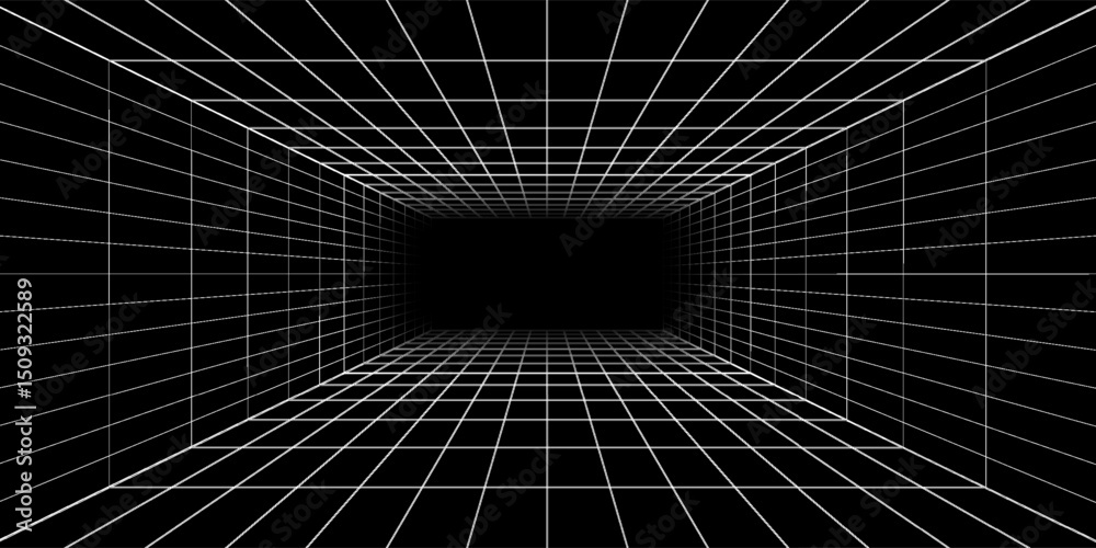 Naklejka premium Futuristic perspective grid box. Abstract wireframe with white grid line on black background. Virtual reality landscape in 80s 90s digital style. Vector illustration.