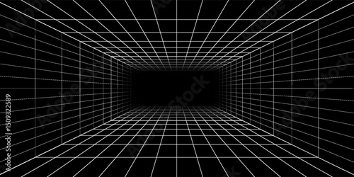 Futuristic perspective grid box. Abstract wireframe with white grid line on black background. Virtual reality landscape in 80s 90s digital style. Vector illustration.