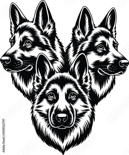 three-headed German Shepherd dog vector for tattoo, t-shirts, posters, stickers, pet apparel, wall mate, illustration isolated on a white background.