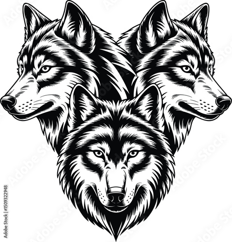 Three-headed wolf silhouette, wolf vector suitable for t-shirt design, metal album rock cover, wall mate, tattoo, sticker isolated on white background.