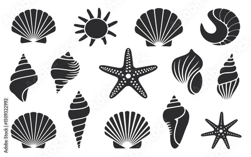 Collection of Black and White Sea Shells Starfish and Sun Icons on a White Background for Summer Designs